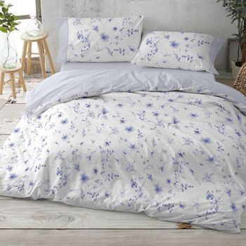 Juego Funda Nórdica 50% Algodón Floral Cama De 135 Cm - Azul - Burrito Blanco