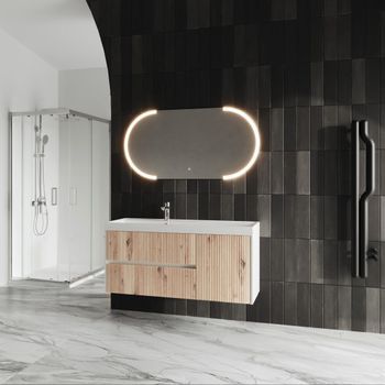 Mueble De Baño Suspendido 120cm Roble Dorado Enrejado, Espejo Ovalado Led Táctil 120x60 Cortina