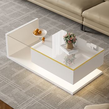 Mesa De Centro Blanca Brillante De 100 X 50 Cm Con Cristal Templado E Iluminación Led