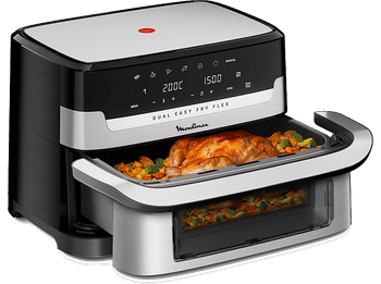 Freidora de aire - Moulinex Dual Easy Fry Flex EZ922D, 2700W, 9L, 7 programas, Separador cesta, 40°C-200°C, hasta 8 personas, Negro