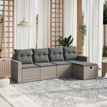 Conjunto De Sofás Jardín Con Cojines 5 Uds | Mueble Jardin Mesa Y Sillas Ratán Sintético Gris Cfw659045
