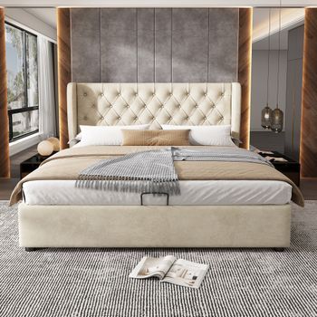 Cama Doble Tapizada En Terciopelo Con Cabecera Orejera Y Grandes Botones, Hidráulica Con Almacenamiento Y Somier De Lamas, Beige 180x200