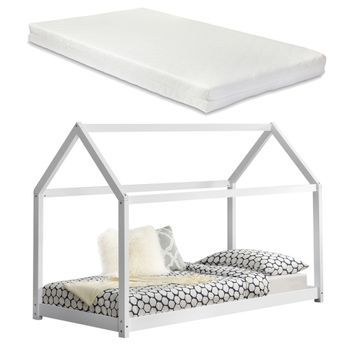 [en.casa]® Cama Para Niños De Madera Pino Con Colchón - 200x90cm - Cama Infantil - Forma De Casa - Textil De Confianza - Certificado Öko-tex 100 - Blanco Mate