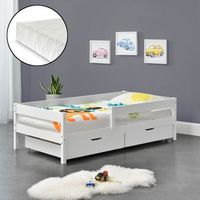 cama para ninos de pino borgarnes con colchon - 90 x 200cm - con 2 cajones de almacenamiento - con proteccion contra caidas - somier - textil de confianza certificado oeko-tex 100 - blanco encasa