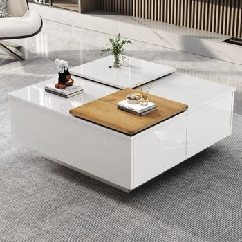 Mesa De Centro Blanca De Alto Brillo, 75 X 75 Cm, Cuatro Cajones Y Tableros Deslizantes