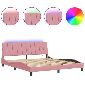 Cama Matrimonial | Cama Para Adultos | Estructura De Cama Con Luces Led Terciopelo Rosa 180x200 Cm