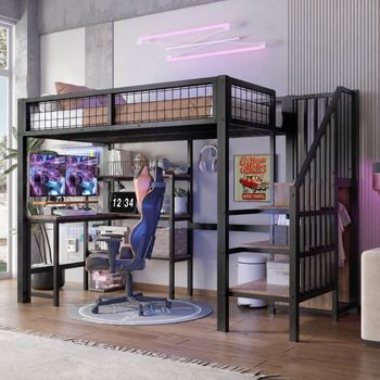 Cama Alta De 90 X 200 Cm Con Escritorio Inferior Y Armario Integrado