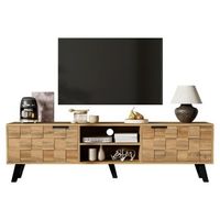 mueble de tv 160 cm para salon mesa para tv 55 pulgadas con 2 puertas y compartimentos abiertos patas altas madera