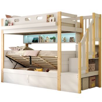 Litera Infantil De Madera Maciza 90x200 Con Almacenaje Y Luz Led, Blanco Y Natural