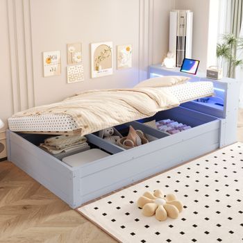 Cama Sofá Multifuncional Con Almacenamiento, Led Multicolor, Mecanismo Hidráulico, Madera Maciza, Gris 90x200 Cm