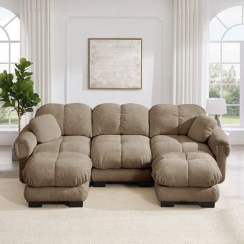 Canapé De 3 Plazas En U Nube Con Pouf Móvil Y 2 Cojines Decorativos, Acolchado, Asiento Grueso, Suave, Fácil De Montar, Salón Marrón