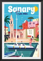 poster de vacaciones sanary con marco negro 60x90cm