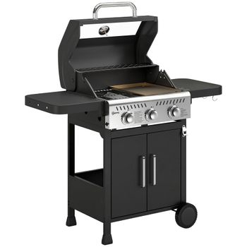 Outsunny Barbacoa de Gas con 3 Quemadores Termómetro Parrilla Plancha Mesas Laterales Armario Ruedas 125x57x110 cm Negro   Aosom España