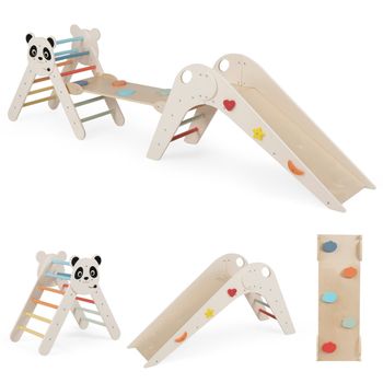 Costway Juguetes Plegables de Escalada para Niños Montessori de Escalada de Madera con Tema de Panda Gimnasio en Interiores con Tobogán Rampa Beige