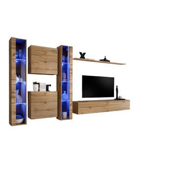 Conjunto De Muebles De Salón Mural Switch Xvi Diseño, Color Roble Wotan.