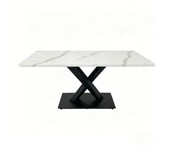 Mesa de comedor rectangular moderna 6-8 personas - mesa de cocina grande con escritorio mdf y base metálica negra - mesa de madera con patrón de mármol blanco - soporte en forma de x - blanco y negro