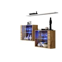 conjunto de salon switch sbiii en roble wotan con puerta de vidrio y led integrado estanteria blanca diseno moderno