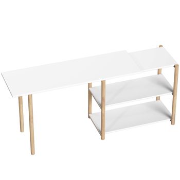 HOMCOM Escritorio Esquinero Plegable en L 150 cm con Estantes de Almacenamiento Marco de Bambú para Dormitorio Estudio Blanco