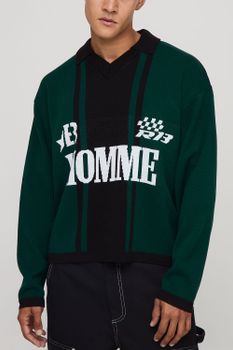 Oversized Boxy Long Sleeve Football Knitted Polo, Verde