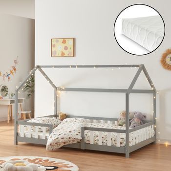 Cama Para Niños Sisimiut Forma De Casa Pino + Colchón 120x200 Cm Gris [en.casa][neu.haus]