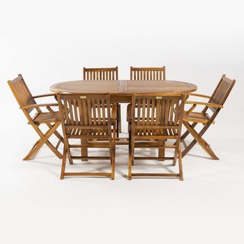 Conjunto Para Jardín De Madera Teca, Mesa Ovalada Extensible 160 A 210 Cm Y 6 Sillones Plegables, Madera Teca Grado A, Tratamiento Al Agua Aplicado, Juego De Comedor De Teka, Set Sillas Y Mesa De Teka