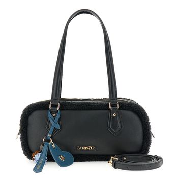 bolso baúl efecto borrego con acabados efecto piel y charm de color decorativo black taglia unica