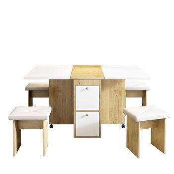 Juego De Mesa De Comedor Con 4 Sillas, Mesa De Comedor Extensible Y Plegable, 120x80x75cm, Madera Aglomerada Y Pu, Conjunto De Comedor Blanco Y Roble