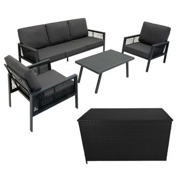 Conjunto Para Exteriores De Aluminio 5 Plazas (4piezas) Antracita + Caja En Ratán Negro