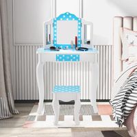 juego de mesa y taburete infantil con estampado lunares y cajrn azul blanco