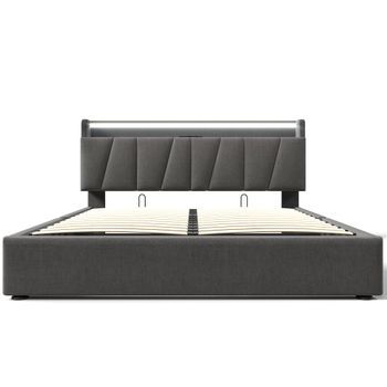 Somier Tapizado 160x200cm Con Colchón 720 Resortes, Cabecero Almacenaje Led Rgb, Usb, Pistón Hidráulico,gris Moderno