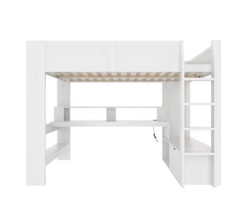 Cama alta 140x200 cm - cama gaming con escritorio, led, cajón, estantes, sin colchón - blanco