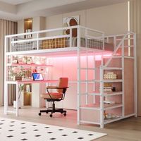 cama loft metalica 140x200 cm con escalera de almacenamiento armario mesa estante de rejilla tira de luces led y toma electrica - blanco