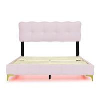 cama de terciopelo 140x200cm con iluminacion led y somier rosa