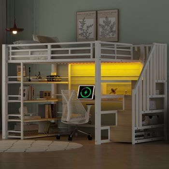 Cama Alta Metálica Blanca 140 X 200 Cm Con Escritorio, Escalera Y Almacenaje