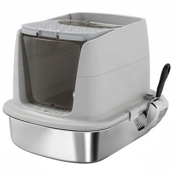 PawHut Arenero para Gatos de Acero Inoxidable L con Tapa Abatible Pala Metálica Bolsa Desodorizante Fácil Limpiar Gris Claro