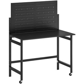 HOMCOM Banco de Trabajo con Tablero Perforado Mesa de Trabajo Plegable con Ruedas Marco de Acero Ganchos Negro