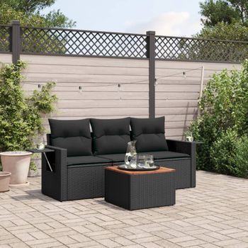 Conjunto De Sofás Jardín 4 Uds | Mueble Jardin Mesa Y Sillas Con Cojines Ratán Sintético Negro Cfw182003