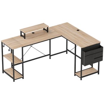 HOMCOM Escritorio Esquinero Reversible en L Largo 168-240 cm Industrial con Soporte Monitor y CPU Estantería Bolsillo Natural