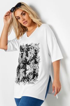 Yours Camiseta Blanca Diseño Abstracto De Lentejuelas, Mujer Curvy Y Tallas Grandes, Yours