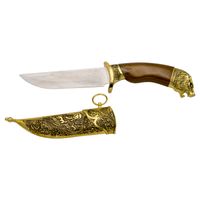 daga tigre 15500o pomo de color dorado con forma de tigre la guarda es de color dorado con detalles grabados y la empunadura color madera largo total 305 cm con la hoja de acero vaina dorada