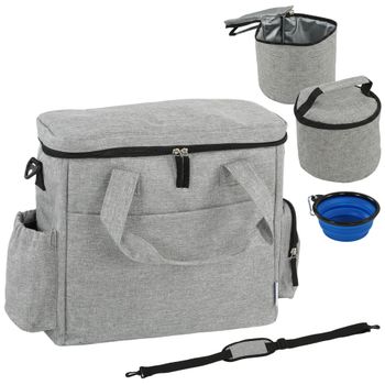 PawHut Bolso de Viaje para Perros Bolsa de Premios con 2 Contenedores de Pienso y Cuenco Plegable Bolsillos Gris Claro