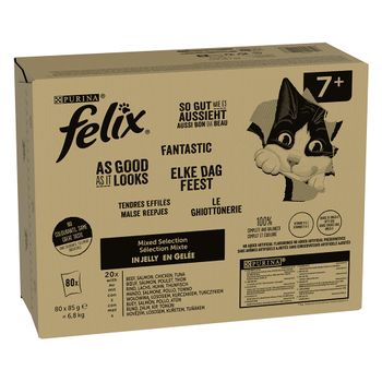 Felix Fantastic 80 x 85 g - Jumbopack - Senior Mix de carne en gelatina (vacuno, pollo, atún, salmón)