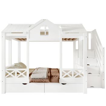 Litera 90x200cm Y 140x200cm - Cama Infantil - Dos Cajones Con Ruedas - Madera - Blanco