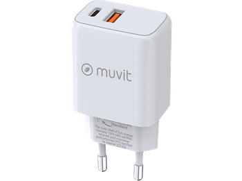 Cargador móvil - Muvit For Change MCACC0037, 1 USB QC 3.0 18W + Tipo C PD 25W, Universal , Blanco