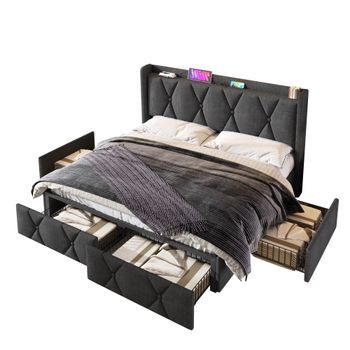 Cama Tapizada 160 X 200 Cm Con Cabecero Y 4 Cajones - Usb - Tela De Lino - Gris