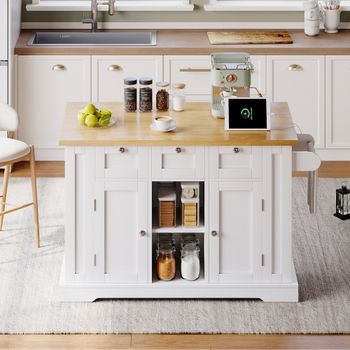 Isla De Cocina Móvil Blanca De 132 Cm Con Encimera Plegable Y Enchufe Usb