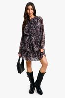 vestido skater de manga larga y chifon con estampado de serpiente snake