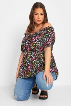 Limited Collection Top Bardot Negro De Pequeñas Flores, Mujer Curvy Y Tallas Grandes, Limited Collection