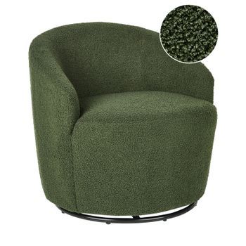Sillón Respaldo Curvo Glamour Art Deco Bouclé Vellón Base Negra Giratoria 360° Verde Davik