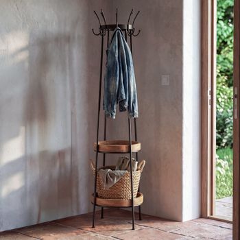 Perchero de pie de acero negro y madera de mango con 2 estantes  Muy estable (18kg)